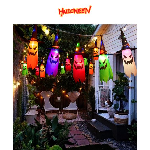 Hanging Ghost Witch Hat Lights, 5-Pack LED