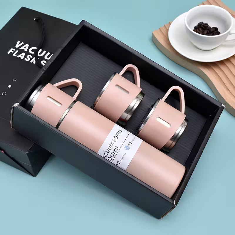 4pcs Insulated Cup Set with Stainless Steel Thermal Bottle & 3 Lids - 500ml/16.9oz