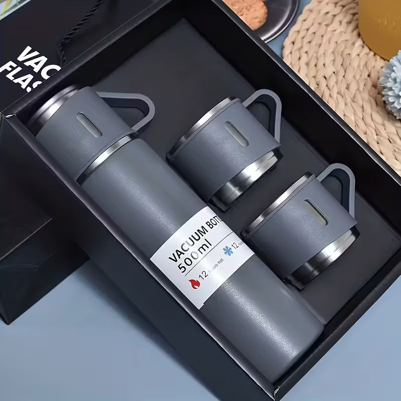 4pcs Insulated Cup Set with Stainless Steel Thermal Bottle & 3 Lids - 500ml/16.9oz