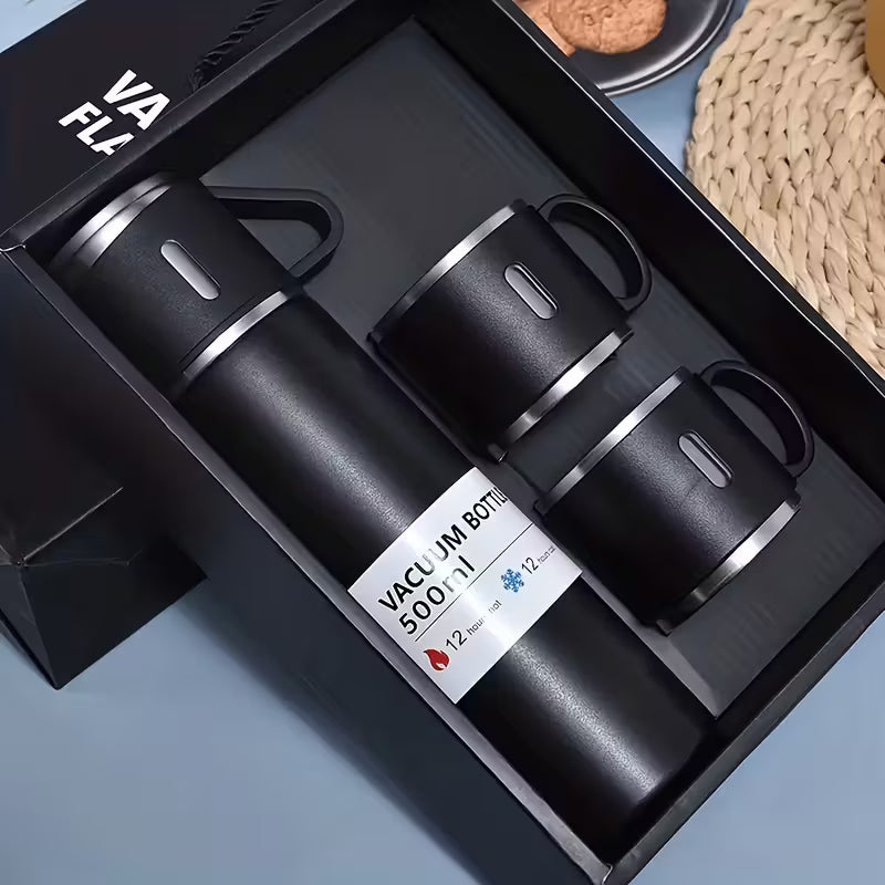 4pcs Insulated Cup Set with Stainless Steel Thermal Bottle & 3 Lids - 500ml/16.9oz