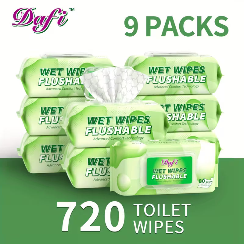 DAFI Plant-Based Flushable Wet Wipes for Adults - Pack of 9 (720 wipes)