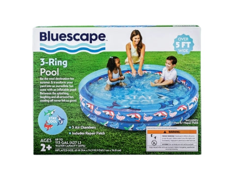 Bluescape Blue Shark 3-Ring Inflatable Swimming Pool for Kids, Round, Age 2 & up