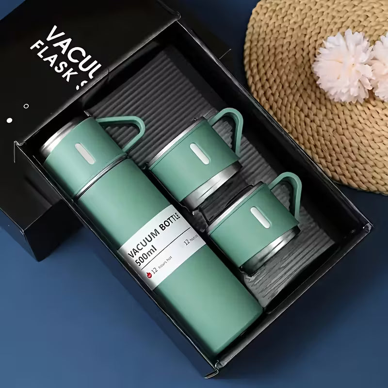 4pcs Insulated Cup Set with Stainless Steel Thermal Bottle & 3 Lids - 500ml/16.9oz